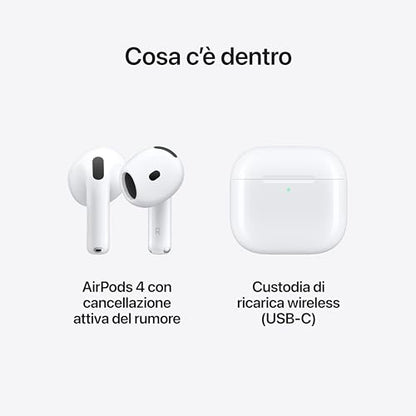 Apple AirPods 4 Wireless Earphones, Bluetooth Earphones, Active Noise Cancellation, Adaptive Audio, Transparency, Custom Space Audio, USB-C Charging Case, Wireless Charging